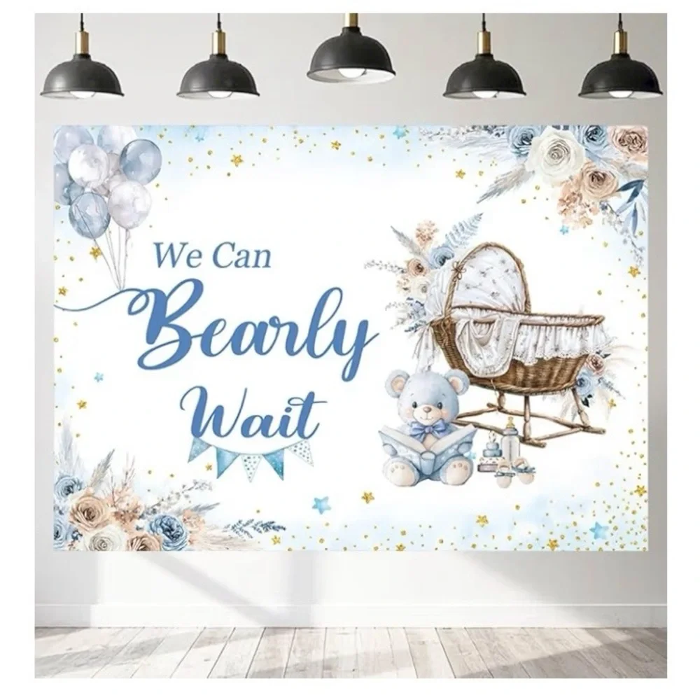 7x5ft Blue Bear Baby Shower Backdrop, We Can Bearly Wait Baby.NEW SEALED PACKAGE
